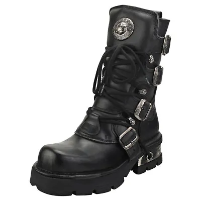 New Rock Block-heel In Metal-look Unisex Black Platform Boots • £198.49