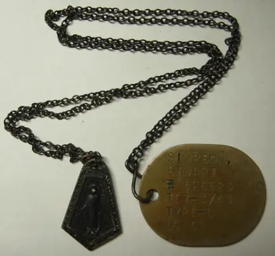 1943 USMC Brass Dog Tag On Silver Chain W/ Catholic Medal  Stuart Simpson 526523 • $145