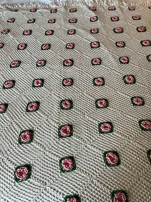 VTG Hand Crocheted Bed Coverlet Pink Floral 88  X 80  Tassel Edge • $50