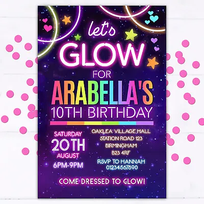 Personalised Glow Party Invitations Birthday Invites Neon Disco Dance Party • £5.95