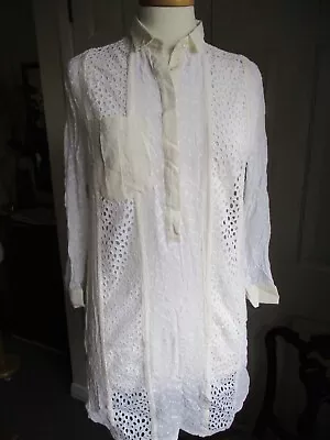 ALLSAINTS - White Embroidered & Open Lace Cream Trim Tunic Top - Size UK6/EU34 • £20