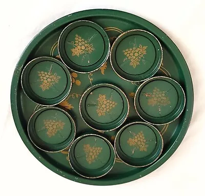 Vintage MCM Green Serving Tray With Drink Holder Coasters Metal Toleware Grapes • $15.96