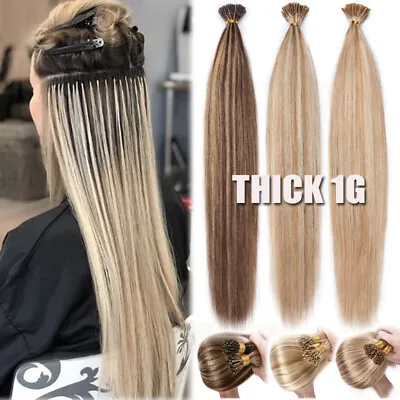 Indian Pre Bonded Stick I Tip Human Hair Extensions Remy Nano Ring Full Head 1G • $36.80