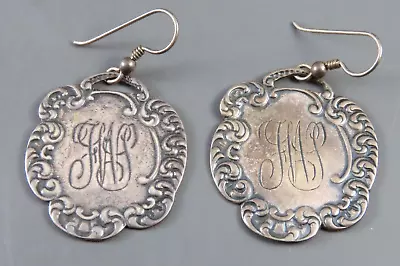 Vintage T FOREE STERLING SILVER Luggage Tag Dangle Earrings MONOGRAM Art Nouveau • $44.80