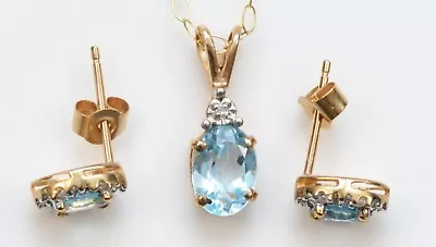 9ct Yellow Gold Blue Topaz & Diamond Necklace Pendant & Earrings Set • £180