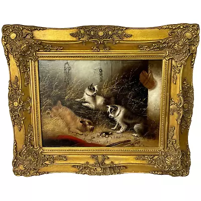 Oil Painting 3 Hunting Terrier Dogs  A Sharp Lookout  Edward Armfield 1817-1896 • £3200
