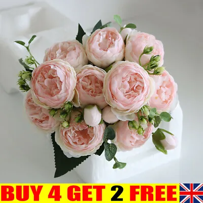 £1.29 • Buy 9 Heads Artificial Flowers Silk Peony Bouquet Rose Wedding Home Party Decor