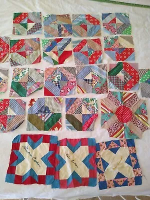 VINTAGE QUILT BLOCK LOT Squares Unfinished Feedsack Fabric Hand Sewn Patchwork • $39.98