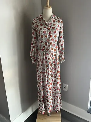 Vintage 50s Novelty Music Drum Print Long Sleeve Maxi Dress Pointy Collar Sz. • $197