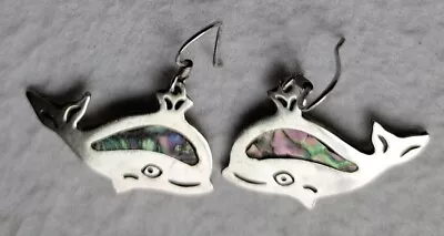 Vtg 925 Sterling Silver Dolphin Mother Of Pearl Mexico Dangle Pierced Earrings • $16.99