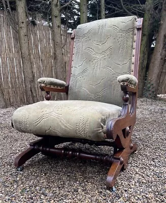 Antique Edwardian Oak Carved Turned Fabric Fireside Rocking Chair  • £140