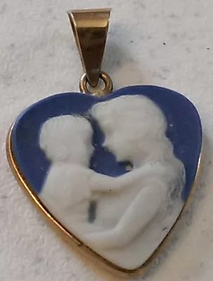 10k Gold Blue Cameo Heart Pendant Of Beautiful Mother W/Long Hair & Child RARE! • $139.99