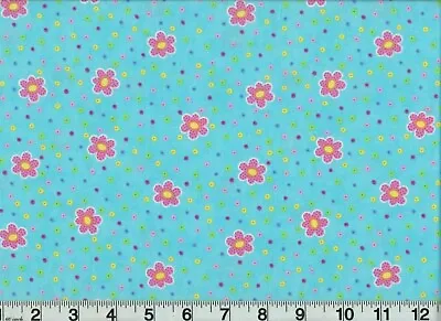 Vintage Fabric Girlie Girl Pink Flowers Dots On Blue OOP Premium Cotton • $12.74