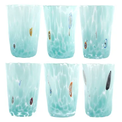 Set Of Six 6 Murano Glass Drinking Art Tumblers Light Blue Handmade Millefiori • $172.13