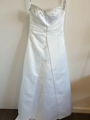 $99 • Buy Mancini White Satin Strapless Beaded Wedding Dress Size 14