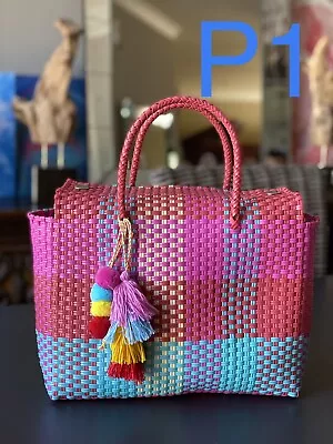 100% HANDWOVEN RECYCLED PLASTIC TOTE Summer Bag Beach Bag Mexican Bag Oaxaca • $49.99