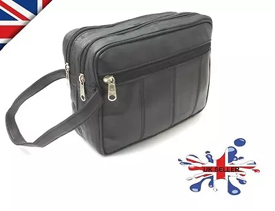  Large Mens Soft Leather Toiletry Travel Wash Bag Travel Kit Overnight • £9.96