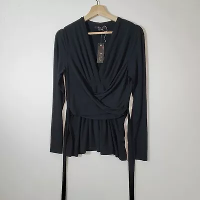 ECI New York Top Womens Size L Long Sleeves Black Long Ties Deep V Neckline NWT • $11.24