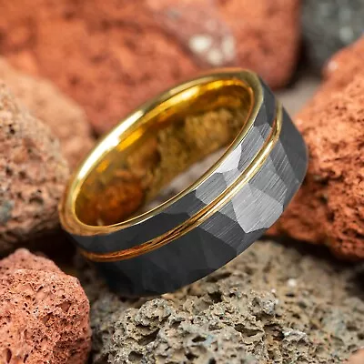 Silver & Yellow Gold Strip Hammered Brushed Tungsten Mens Wedding Ring 8mm • $99.98