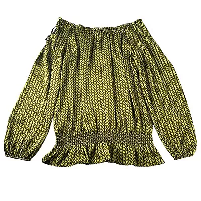 Michael Kors Womens Blouse Tops  Medium Green Brown Zig Zag Elastic Neckline • $15