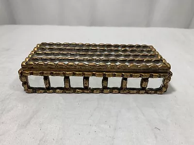 Vintage Wood Jewelry Trinket Box Gold With Mirror Tiles And Bars • $9.99