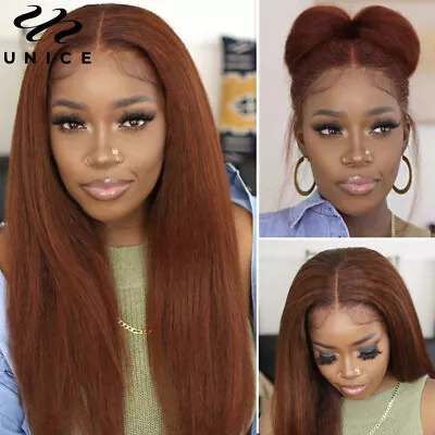 UNice Peruvian Reddish Brown Kinky Yaki Straight 13x4 Lace Front Human Hair Wigs • $120.53