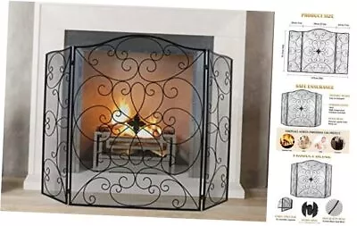 Black Fireplace Screen 50 X 36Inch Large 3 Panel Flower Style(50‘’L * 36‘’H) • $151.91