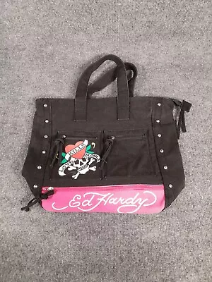 Vintage Ed Hardy Bag Purse Tote Black Pink Canvas Love Kills Slowly Big Spellout • $48.95