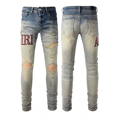 Men's Stretch Skinny Jeans With Distressed Details & Camo Leather Appliqué • $58.15