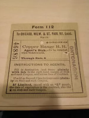 1916 Copper Range Railroad Passenger Ticket Stub Ontonagon Michigan Dollar Bay  • $9.99