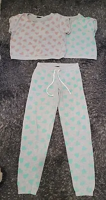 Topshop Love Heart Pyjama Set 1 Pair Of Joggers And 2 T-shirts Size 6 - 8   • £9.99