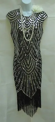 1920's Gatsby Vintage Charleston Sequin Beaded Tassel Flapper Dress Size 14 • £29.99