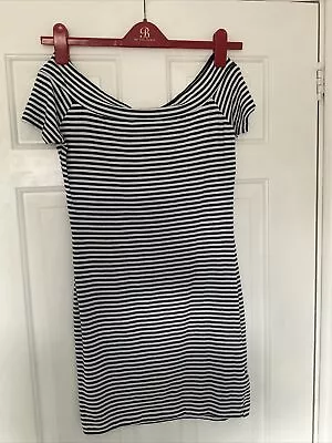 Navy White Nautical Striped Cotton Summer Beach T-Shirt Dress Size UK 10 • £7.99