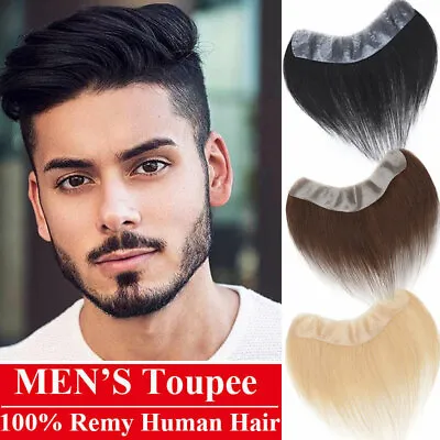 Mens Thin Skin PU Real Remy Human Hair Toupee Front Hairpiece Forehead Hairline • £69.89