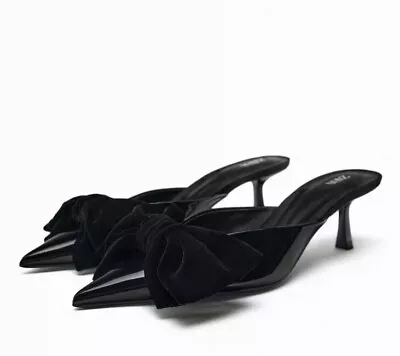 Zara Black Pointed Toe Heeled Faux Patent Leather Mules With Bow Size 39 • $79