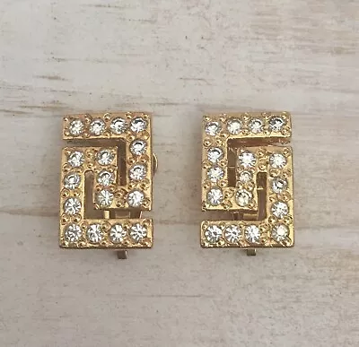 Gianni Versace Vintage Greca Logo Clear Rhinestone Gold Tone Clip On Earrings • $280