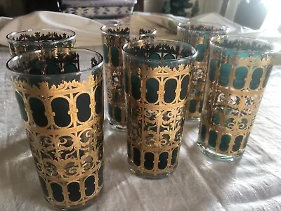 Culver Emerald Scroll 22 K Gold & Green Highball Glasses Mcm Set Of 6 Signed • $100