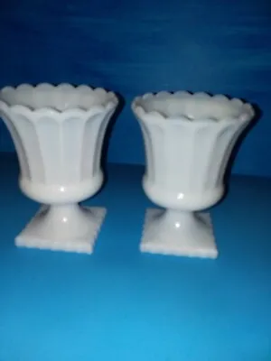 Vintage 6  Milk Glass Scalloped Ribbed Pedestal Urn Planter Vase Square Bottom  • $49.99