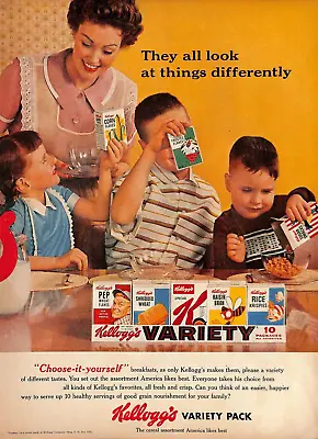 1957 Kellogs Cereal Variety Pack Family Mom Children Eating Vintage Print Ad A1 • $14.99