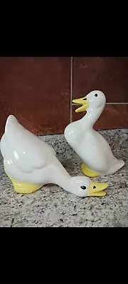 Vintage Set Of 2 Large Ceramic White Ducks In Action Poses Figurines 14  • $10