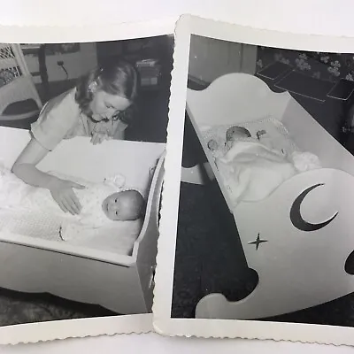 Vintage Black And White Photo Lot Of 2 Infant Baby In Moon Stars Cradle Rocking • $10.04