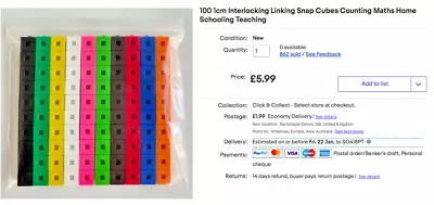 100 1cm Interlocking Linking Snap Cubes Counting Maths Home Schooling Teaching • £5.94