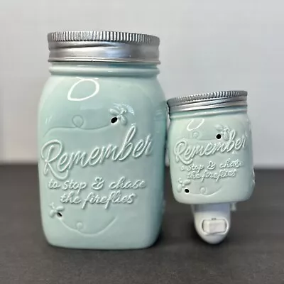 Scentsy Chasing Fireflies Scented Wax Warmer Light Blue Mason Jar & Mini Plug In • $45