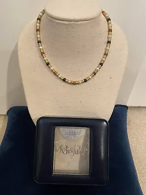 Misaki Faux Pearl Red & Blue Goldstone Gold Tone Necklace 17  Long Etruscan • $39.99