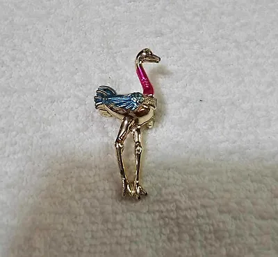 Vtg Goldtone Flamingo Bird Brooch Pin W/ Blue Pink Color/ Enamel • $9