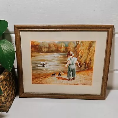 Vintage Duck & Girl Landscape Framed Print Wall Hanging | Gallery Wall • $24