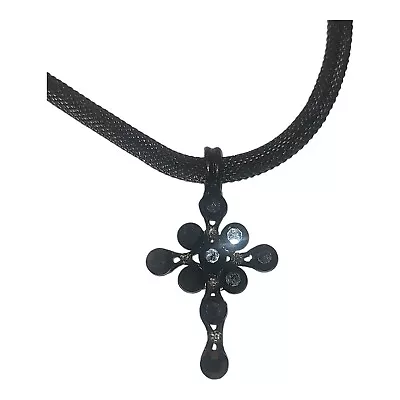 Vintage '90s Goth Black Metal & Rhinestone Cross Pendant Choker Necklace 14 -16  • $12