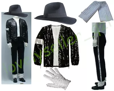 5 Pcs Unisex Michael Jackson Billie Jean Jacket+Hat+Pants+Glove+Socks MJ Outfit • $58.57