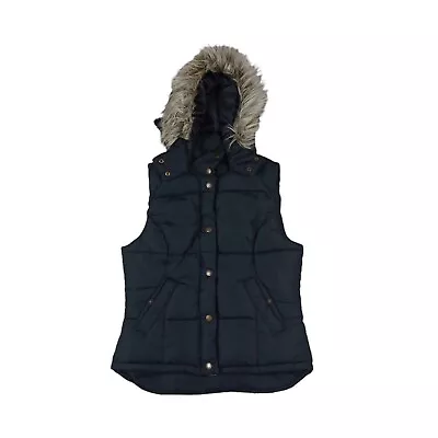 H&M Size 8 Black Brown Faux Fur Hood Detachable Hood Puffer Vest Pockets • $15.95