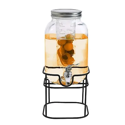 4L Glass Vintage Beverage Drinks Dispenser On Metal Stand Cocktail Jar With Tap • £14.85